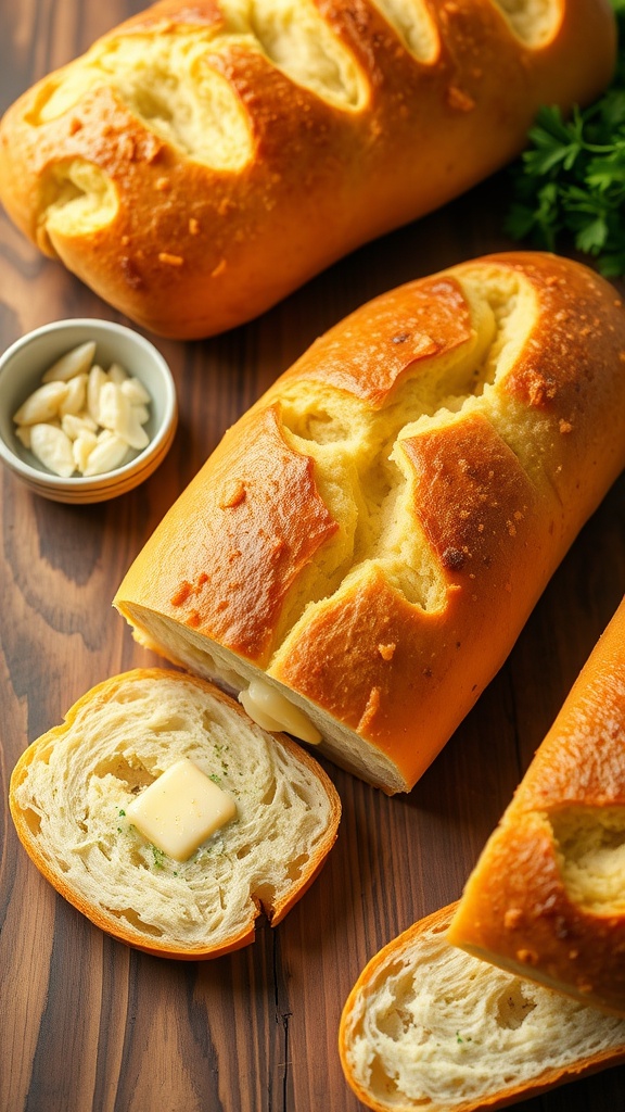 Slices of golden brown garlic bread on a wooden table with garlic and parsley.